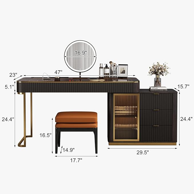 Larits Makeup Vanity, Very Easy to Assemble，Dressing Table Desk in one, Super Storage, with LED Light Vanity Mirror with ash Full Solid Wood upholstered Vanity Stool (Black Brown, 47 in)