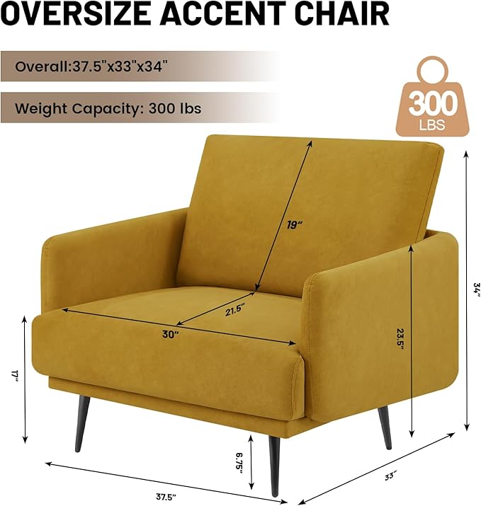 Oversized Accent Chair Set of 2 for Living Room Chairs Reading Arm Chair Comfy Modern Single Sofa Side Chairs with Metal Legs & Soft Cushion for Bedroom, Balcony,Waiting Room (Velvet, Amber Yellow)