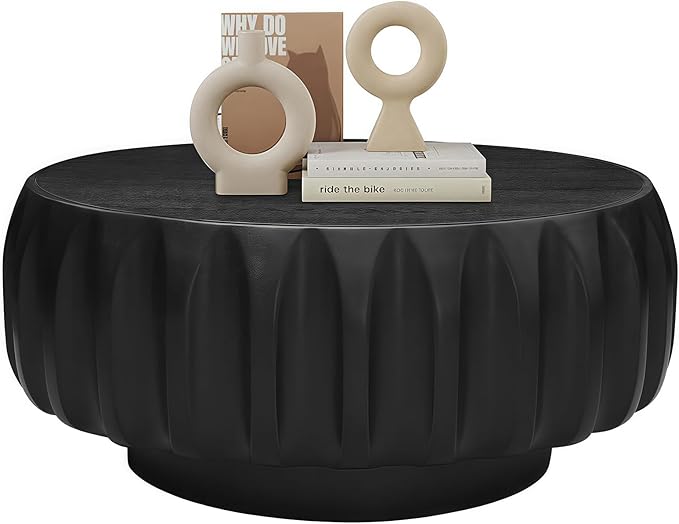 31.5" Round Black Coffee Table - Mid Century Modern Solid Wood Coffee Tables with Fluted Design for Living Room, Small Space, Apartment (Black)