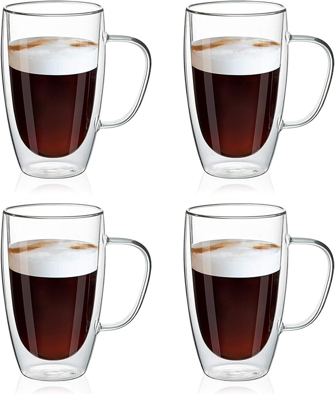 MEWAY 16oz/4 pack Coffee Mugs,Thickened Clear Glass Double Wall Cup with handle for Coffee, Tea, Latte, Cappuccino (16 oz，4)