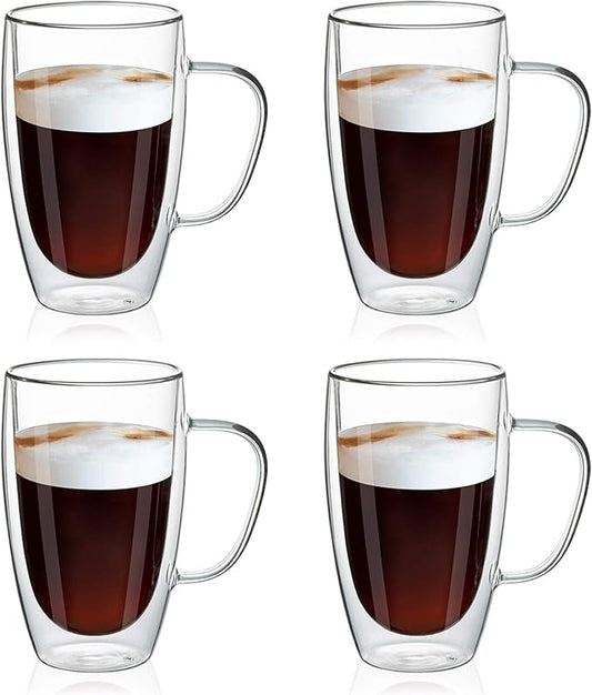 MEWAY 16oz/4 pack Coffee Mugs,Thickened Clear Glass Double Wall Cup with handle for Coffee, Tea, Latte, Cappuccino (16 oz，4)