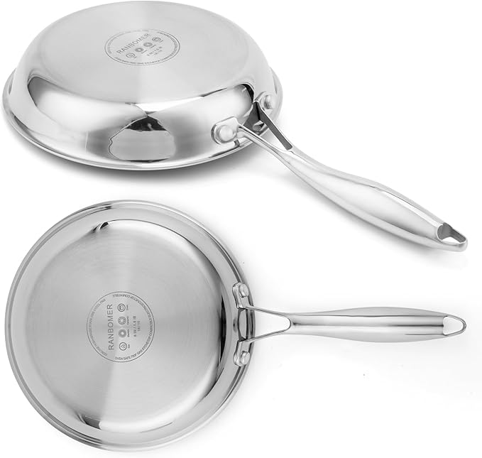 Stainless Steel Pan，Non-Toxic PFAS, PFOA & PTFE Free, Compatible With All Cooktops & Induction Safe, Oven Safe Pan for Searing & Sautéing, Long Lasting Cookware.8.10.12 In (8-Inch)