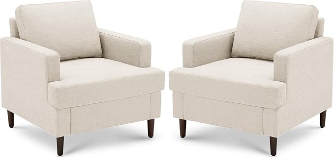 Mid-Century Accent Chair,Modern Linen Fabric Armchair for Living Room,Comfy Upholstered Reading Accent Chairs for Bedroom,Single Sofa Chair with Wood Legs (Beige, 2 Pack)