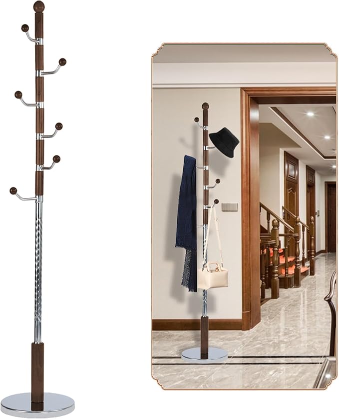 Coat Rack Freestanding, Wooden Tree Coat Rack Stand with 3 Adjustable Sizes Coat Tree and 14 Hooks, Sturdy Hall Tree with Solid Round Base for Entryway, Hallway,Bedroom (Walnut Metal)
