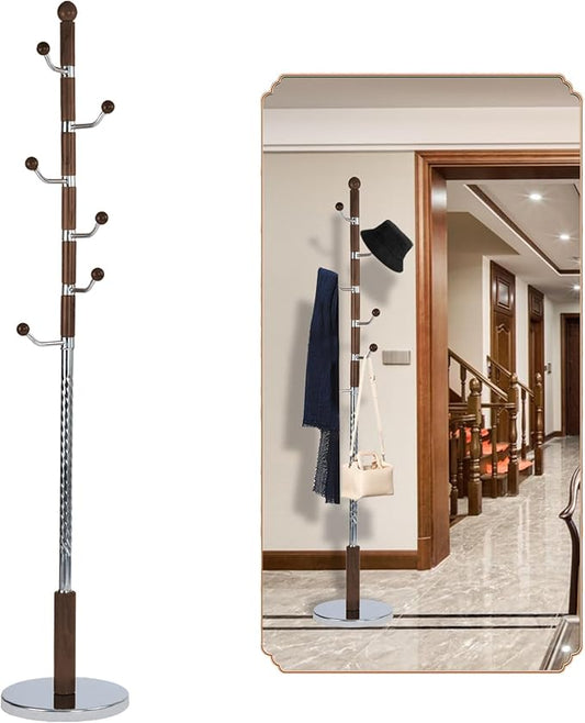 Coat Rack Freestanding, Wooden Tree Coat Rack Stand with 3 Adjustable Sizes Coat Tree and 14 Hooks, Sturdy Hall Tree with Solid Round Base for Entryway, Hallway,Bedroom (Walnut Metal)