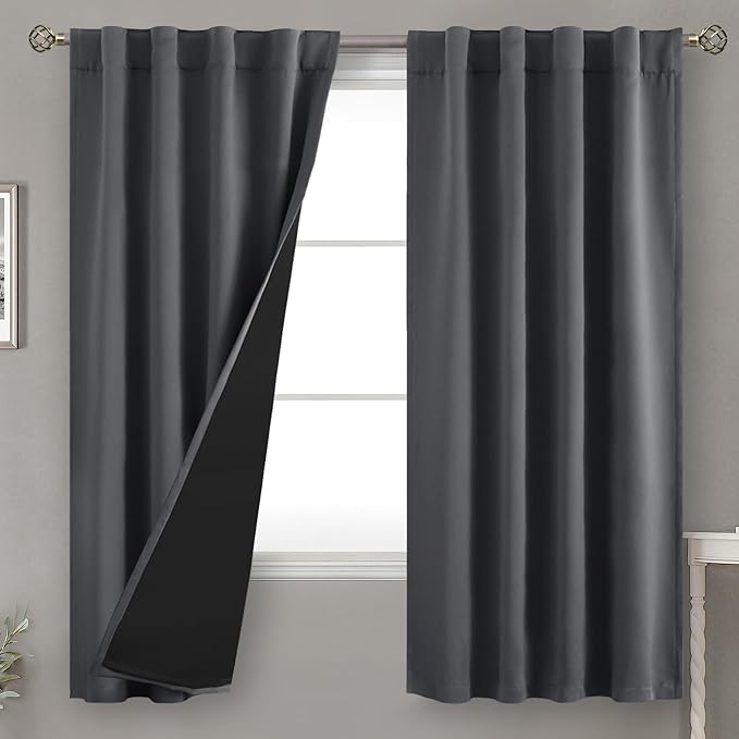BGment Dark Grey 100% Blackout Curtains 63 Inches Long with Thermal Insulated Liner, Rod Pocket and Back Tab Double Layer Full Room Darkening Window Curtain for Bedroom, 2 Panels,Each 38 x 63 Inch