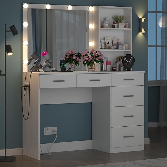 39 Inches White Vanity Desk with Lights, 6-Drawers Makeup Vanity Table with Power Strip and Storage Shelves, Dressing Table with Lighted Mirror for Women Girls