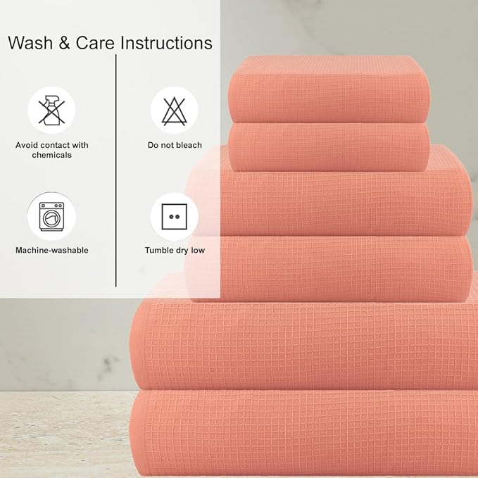 CASA COPENHAGEN Waffle Towel, 6Pieces 100% Cotton Large Towel Set- Malibu Peach, 2Bath 2Hand 2Washcloths Instant Absorb and Dry, Soft Strong Towels for Hotel Spa Kitchen Bathroom & Shower