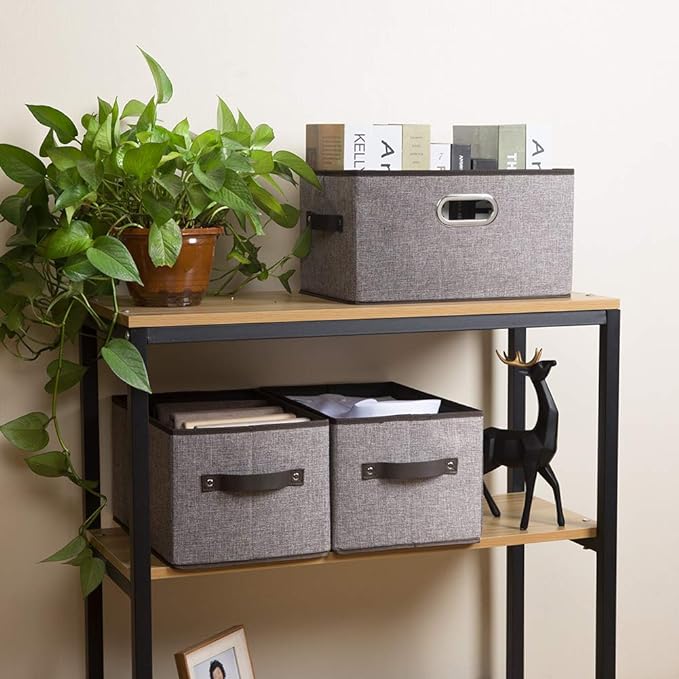 PRANDOM Large Foldable Storage Bins for Shelves [3-pack] Decorative Linen Fabric Storage Baskets Cubes with Leather/Metal Handles for Closet Nursery Office Grey and Black Trim (14.9x9.8x8.3 Inch)