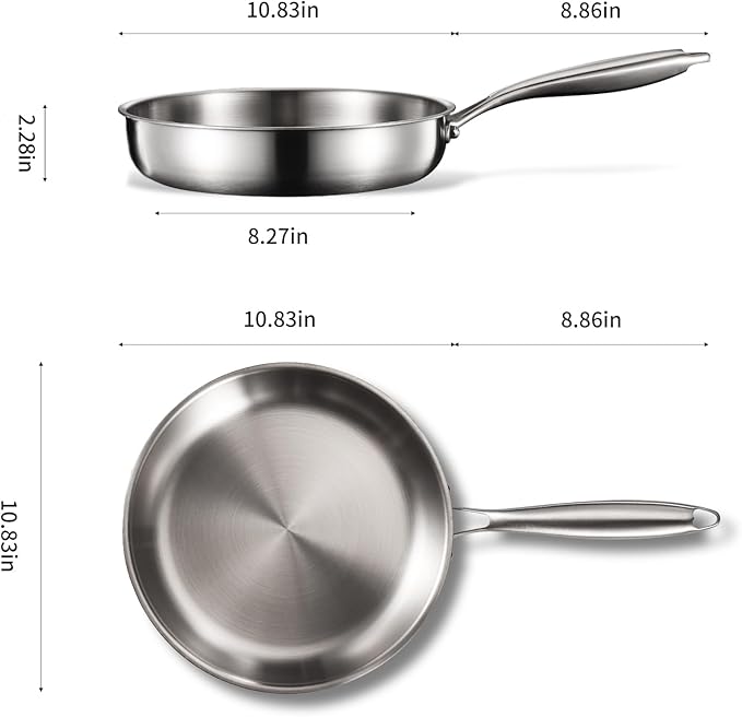 10-Inch Tri-Ply Stainless Steel Pan, PFOA and PTFE-Free Skillet Griddle, Stainless Steel Pan Set with Lid for the Kitchen, Induction-Compatible Cookware Sets, Dishwasher and Oven Safe