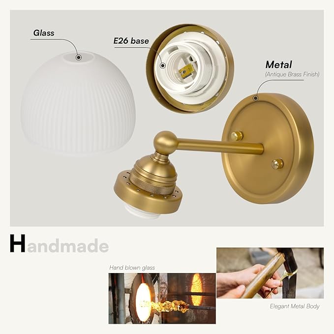 Vintage Wall Sconce 1-Light with White Striped Glass Globe Shade, Indoor Wall Mounted Lamp Fixture for Living Room Bedroom Kitchen Hallway