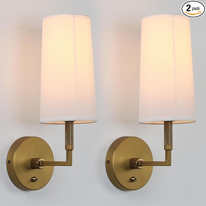 Brass Wall Sconces Set of Two, Hardwired White Fabric Shade Wall Lamps, Bathroom Vanity Lights Fixture with Switch, Indoor Wall Lights for Bedroom Living Room Corridor