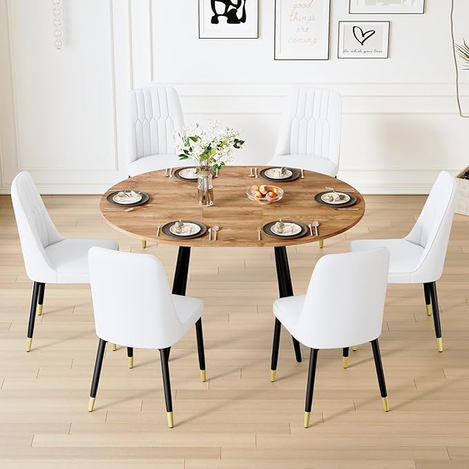 42"-54" Extendable Dining Table Set for 6, Oval Dining Table Set for 6, 0.73" Thick Wood Tabletop with Smooth Edge, Black Metal Leg with Non-Slip Footmat, 6 Soft PU Chairs, for Kitchen, Small Space