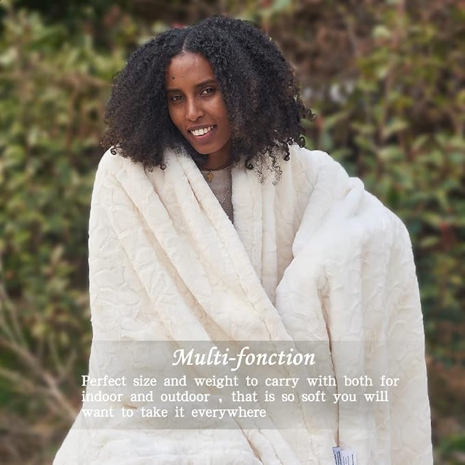 Krifey Faux Fur Throw Blanket, Super Soft Cozy Blanket, Luxury Fluffy Blanket Warm Bed Throw, Plush for Women, Ivory 50" x 60"