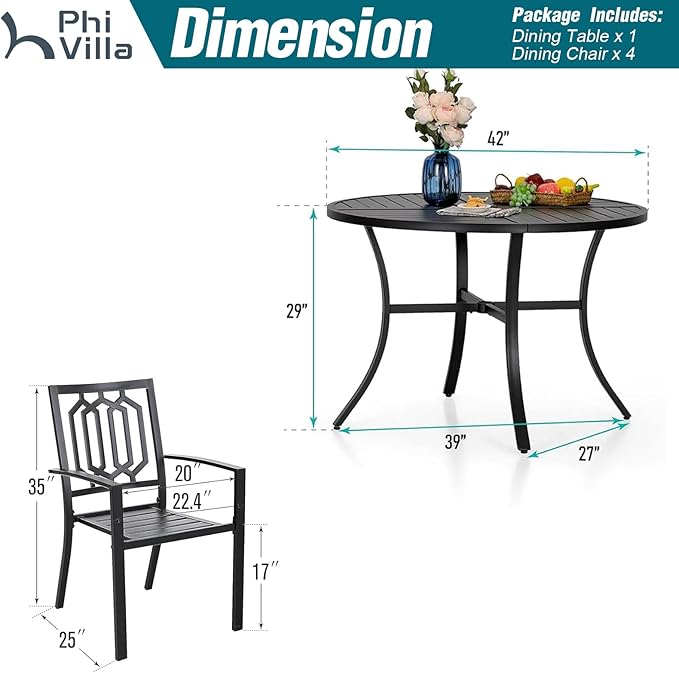 PHI VILLA 5 Pieces Outdoor Round Dining Set for 4, Wrought Iron Circle Table with Umbrella Hole & Stacking Metal Chairs, Morden Furniture Set for Patio, Deck, Backyard, Porch