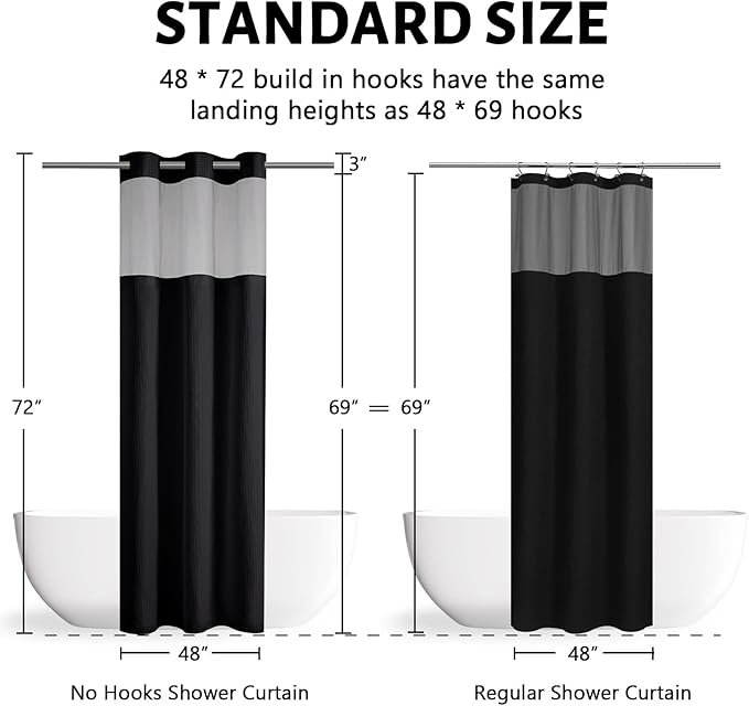 No Hook Waffle Weave Shower Curtain with Snap in Liner Set,Heavy Duty Fabric Textured Bathroom Curtain with Sheer Window,Waterproof & Machine Washable,Black,Stall Size 48x72 Inch