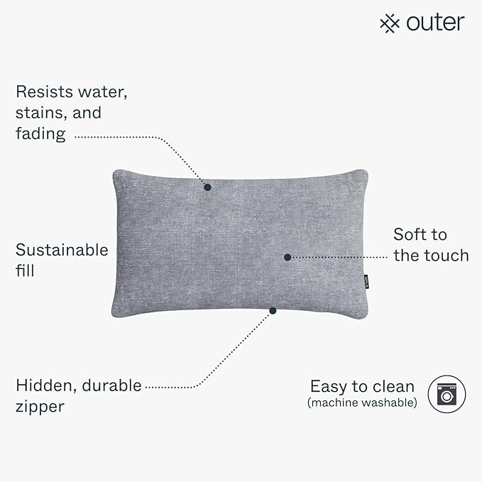 Outer Outdoor Throw Pillow with OuterWeave Performance Fabric, Decorative Outdoor Pillow for Patio & Outdoor Furniture, Includes Machine Washable Pillow Cover and Insert - Pacific Fog Gray, 12"x20"