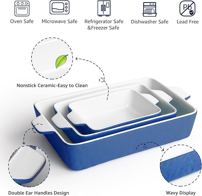 Casserole Dishes for Oven, Ceramic Baking Dishes, Lasagna Pan with Handles, Porcelain Baking Pan Deep, Bakeware for Baking, Cooking, Wedding Gift, Set of 3 (11.6" x 7.8", Dark Blue)