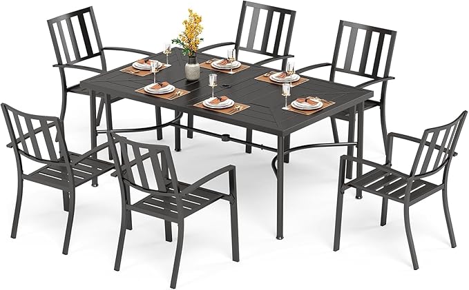 PHI VILLA 7 Piece Outdoor Dining Set for 6, 64" Metal Steel Dining Table with Umbrella Hole & Black Stacking Dining Chairs for Patio, Yard, Porch, Deck