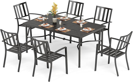 PHI VILLA 7 Piece Outdoor Dining Set for 6, 64" Metal Steel Dining Table with Umbrella Hole & Black Stacking Dining Chairs for Patio, Yard, Porch, Deck
