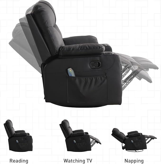 Bonzy Home Oversized Swivel Rocker Recliner, 40" Rocking Recliner Chair with Heated and Massage, PU Leather Single Sofa with Swivel Function, 2 Cup Holders for Living Room Bedroom, Black