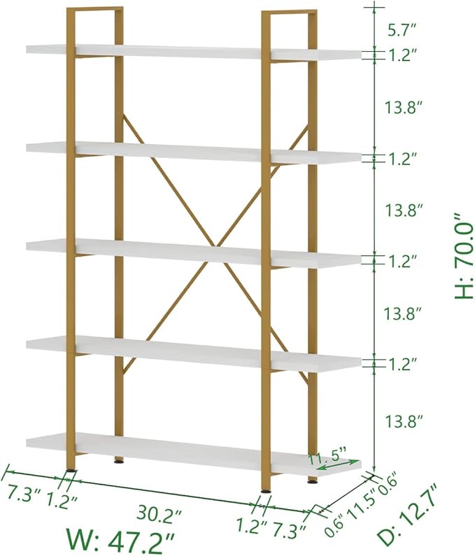 HSH 5 Tier White and Gold Bookshelf, Tall Storage Bookshelves for Bedroom Living Room Office, Metal and Wood Large Book Shelves, Modern Vertical 5 Shelf Bookcase, Farmhouse Big Open Display Book Shelf