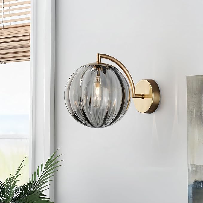 KCO Lighting 1-Light Smoked Glass Wall Sconces Brushed Brass Wall Sconce Light Gold Globe Wall Light Fixtures Vintage Bathroom Wall Lamp Modern Round Wall Sconce