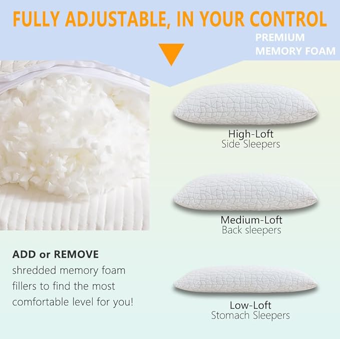 Shredded Memory Foam Pillows, King Size Set of 2,Adjustable Bed Pillows for Side Back Stomach Sleepers,Comfy Cooling Pillows for Sleeping with Washable Cover…