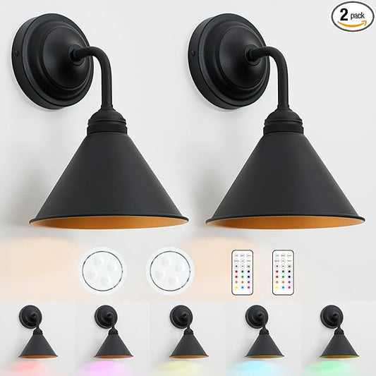 HEQIQEH Modern Battery Operated Wall Sconces Set of 2 with Metal Lamp Shade, 13 RGB Color Changing Dimmable Battery Wall Mounted Lamps with Remote Control for Bedroom, Galleries, Hallway, Hotels