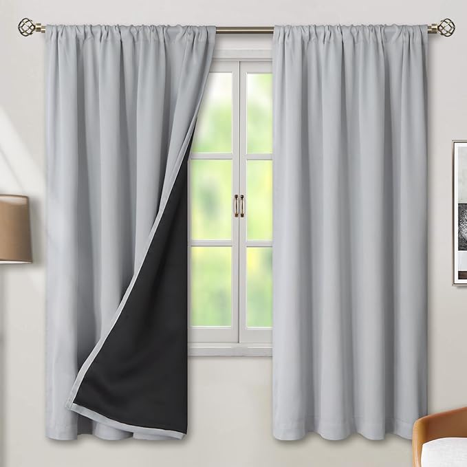 BGment Light Grey 100% Blackout Curtains 72 Inches Long with Reducing Noise Liner, Rod Pocket and Back Tab Double Layer Full Room Darkening Window Curtain for Bedroom, 2 Panels, Each 42 x 72 Inch