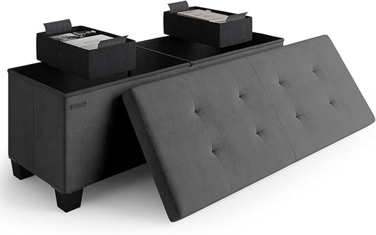 STORAGEBUD Storage Ottoman Bench with Bins, 43-in Storage Bench for Bedroom End of Bed, Folding Foot Rest Ottoman for Living Room Max 660lbs, Velvet Ottomans, Grey