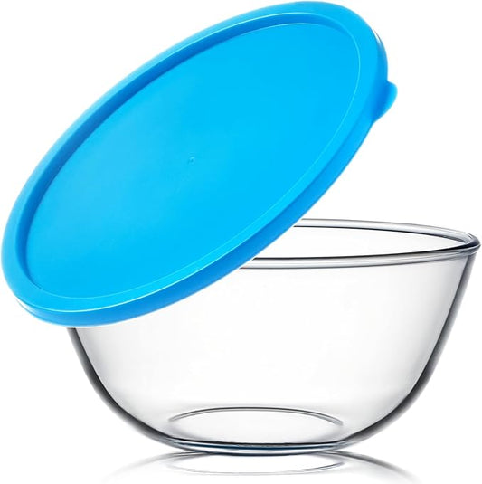 NUTRIUPS 4.7 Quart Large Glass Mixing Bowl with Lid, Deep Big Glass Bowl Large Salad Bowl (Blue)