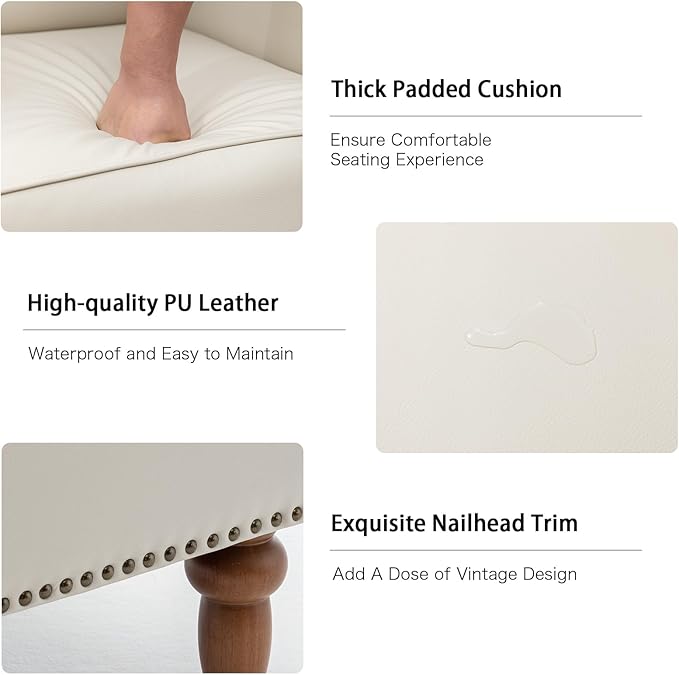 Accent Chair, Faux Leather Living Room Chairs with Nailhead Trim, Mid-Century Lounge Armchair with Solid Wood Legs, Comfy Reading Single Sofa for Bedroom, Waiting Room (White, 1 Chair)