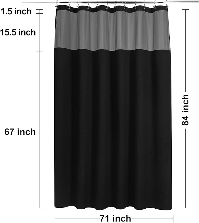 N&Y HOME Extra Long Waffle Weave Shower Curtain with Snap-in Fabric Liner Set, 12 Black Hooks Included - 71" x 84", Hotel Style, Mesh Top Window, Machine Washable & Water-Repellent - 71x84, Black