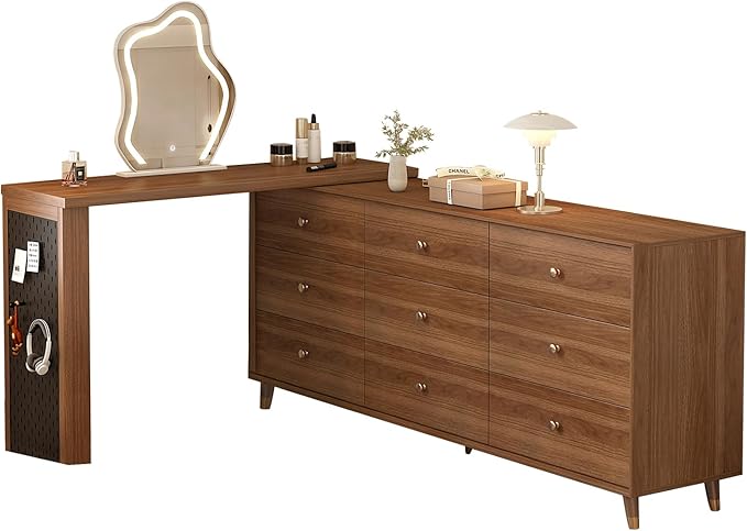 Makeup Vanity Desk with Cloud HD Lighted Mirror,70-110in Extendable Modern Vanity Table, 9-Drawer Solid Wood Frame Storage Cabinet, Dressing Table for Bedroom, Brown