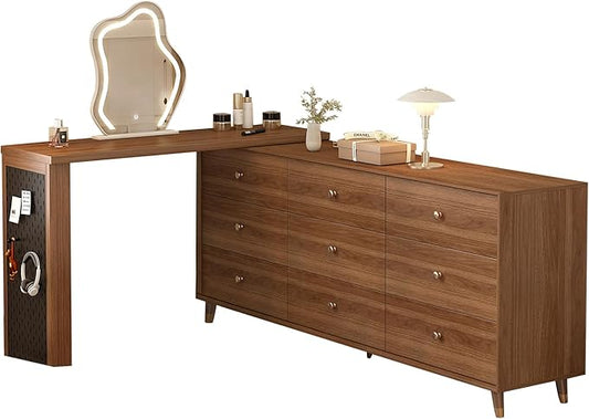 Makeup Vanity Desk with Cloud HD Lighted Mirror,70-110in Extendable Modern Vanity Table, 9-Drawer Solid Wood Frame Storage Cabinet, Dressing Table for Bedroom, Brown