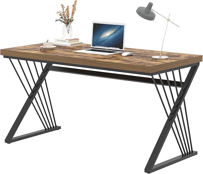 FOLUBAN Home Office Desk, Modern Wood and Metal Computer Desk, Simple Writing Work PC Desks for Bedroom, Industrial Study Gaming Table for Living Room, Rustic Brown, 53 Inch
