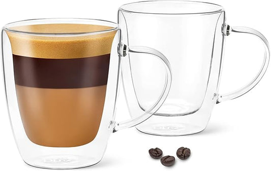 DLux Lungo 5.4oz Coffee Cups Double Wall, Clear Glass set of 2 Glasses with Handles, Insulated Borosilicate Glassware Tea Cup