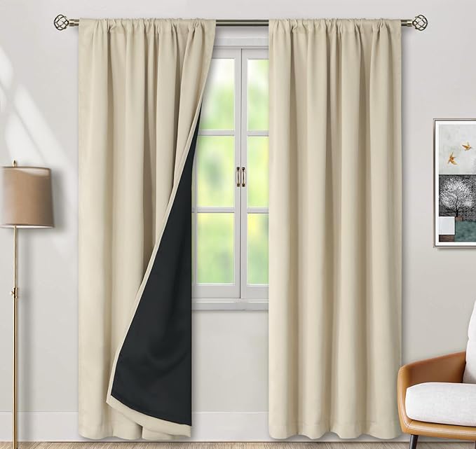 BGment Beige Full Blackout Curtains with Thermal Insulation Liner Curtains 84 Inches Long，Rod Pocket and Back Tab Double Layer Room Darkening Window Curtain for Bedroom(42 x 84 Inch, 2 Panels, Beige)