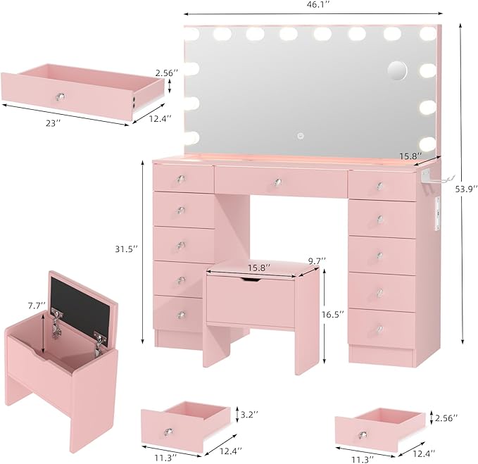 VOWNER Vanity with Lighted Mirror - Glass Top Makeup Vanity Desk with Lights and 11 Drawers, 3 Color Lighting Modes Adjustable Brightness, 46" Makeup Desk with Soft Cushioned Stool for Bedroom, Pink