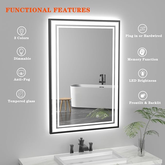 24" x 36" LED Bathroom Mirror with Lights Framed LED Mirror for Bathroom Backlit and Front Lighted Bathroom Mirror Black Square Aluminum Frame Anti-Fog Dimmable Adjustable Shatter-Proof