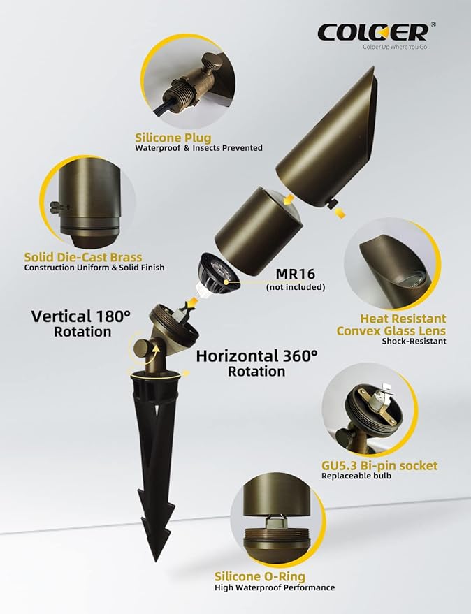 COLOER Die-cast Brass Landscape SpotLights Outdoor, 12V AC/DC Low Voltage Lighting, IP65 Waterproof Garden Patio Trees Directional Spot Up Light(103B, Bronze, 10-Pack Without Bulb)