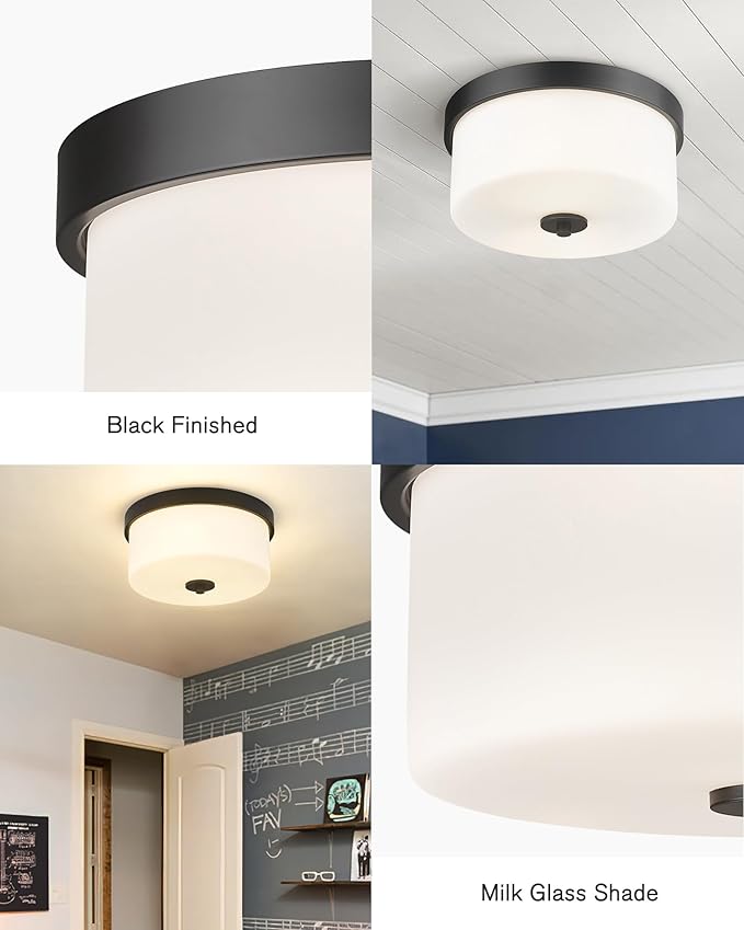 EMAK Black Modern Flush Mount Ceiling Light Fixture with Milk Glass, FM082-BK-ML