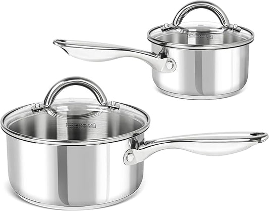 MICHELANGELO Saucepan Set 4pc, 18/10 Stainless Steel Sauce Pan with Lid, Tri-Ply Bottom Sauce Pot Set, Nonstick Saucepan, Dishwasher Safe, 1QT & 2QT