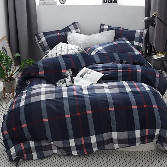 CLOTHKNOW Navy Blue Plaid Full Size Comforter Sets Tartan Bedding Comforter Sets All Season Blue Red Grey Grid Comforter with 2 x Pillow Cases