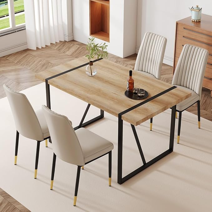 Dining Table Chairs Set for 4, Modern Rectangular Dining Room Table Set PU Leather Upholstered Dining Chairs 55" Dinner Table Set for Kitchen, Dining Room (Dining Table Set for 4, Grey)