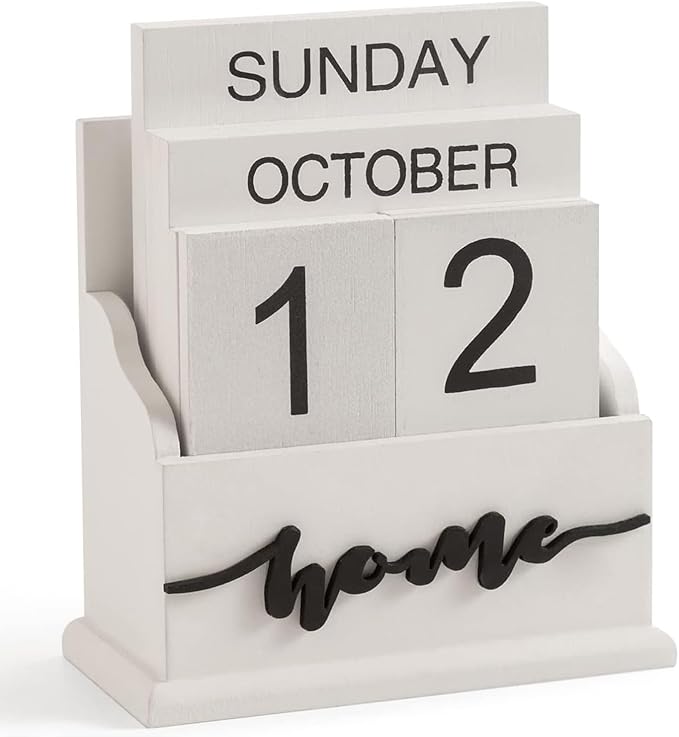 Desk Perpetual Block Calendar, Home Farmhouse Office Aesthetic Decor for Teachers, Students, Classroom Decoration Reusable Yearly, White Wood Daily Desktop Calendar Accessories