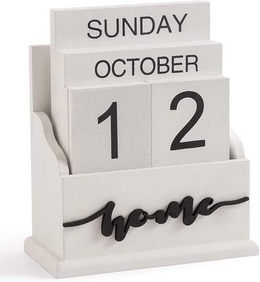 Desk Perpetual Block Calendar, Home Farmhouse Office Aesthetic Decor for Teachers, Students, Classroom Decoration Reusable Yearly, White Wood Daily Desktop Calendar Accessories