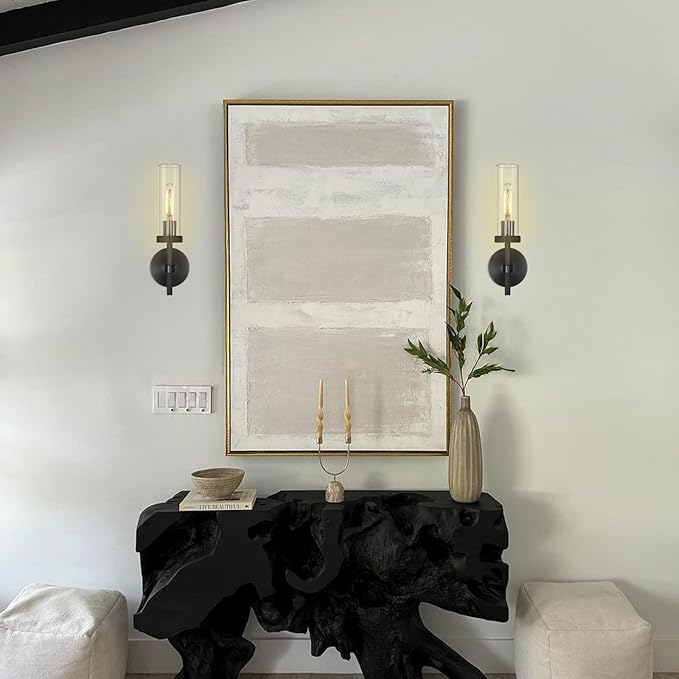 Black Wall Sconces Set of Two, 14" Bathroom Vanity Sconce Light, Glass Tube Wall Sconces, Sconces Wall Lighting Indoors, Wall Lights for Mirror, Living Room, Bedroom, Hallway (including bulb)