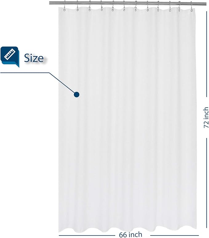Waffle Weave Shower Curtain 66 x 72 inch, Hotel Luxury Spa, 230 GSM Heavy Duty Fabric, Water Repellent, Machine Washable, White Pique Pattern Decorative Bathroom Curtain, 66x72